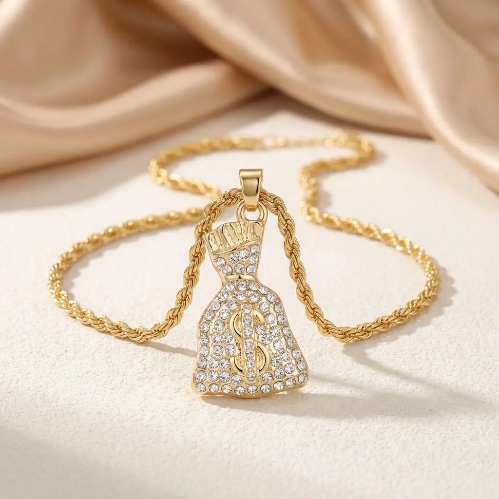Iced Mini Money Pendant, 3mm Rope Chain, 24" Length Fashion Costume Jewelry Charm Accessory