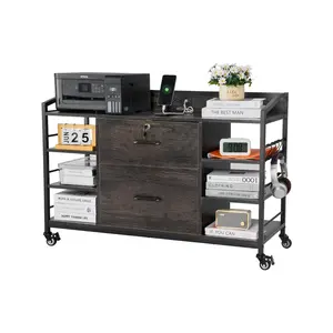 VEVOR 2 Drawers Metal File Cabinet, Lateral Filing Cabinet with Lock and 6 Open Shelves, Wooden Wide Filing Storage Cabinets with Power Strip for Letter, A4, Legal Size File, Easy Assembly, Gray