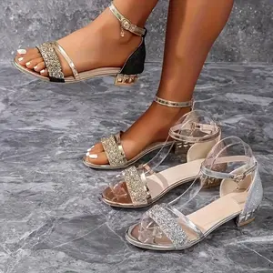 Bling Rhinestone Low Heel Sandals, Elegant Round Toe Chunky Heels, Comfy Breathable Summer Wedding Party Shoes for Ladies