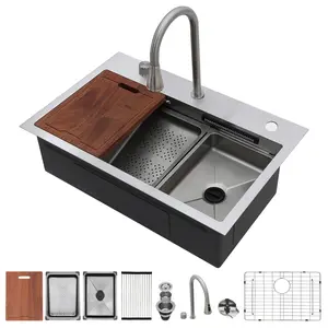 Lordear 31x20 Inch Waterfall Kitchen Sink Single Bowl Drop In Kitchen Sink 16 Gauge Stainless Steel Workstation Sink With Glass Rinser,Faucet,Colander Home Drain