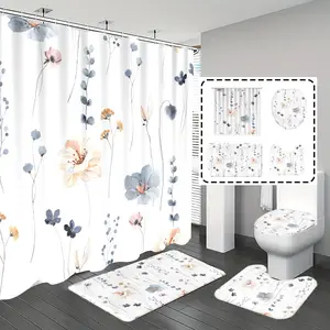 Popular Choice 1pc/4pcs, bathroom curtains shower, bathroom set, shower curtains, bathroom rug, home decoration, bathroom mat, plant and flower patterns, modern minimalist theme decoration, with 12 hooks, Shower Curtain Sets, Bathroom Decorations