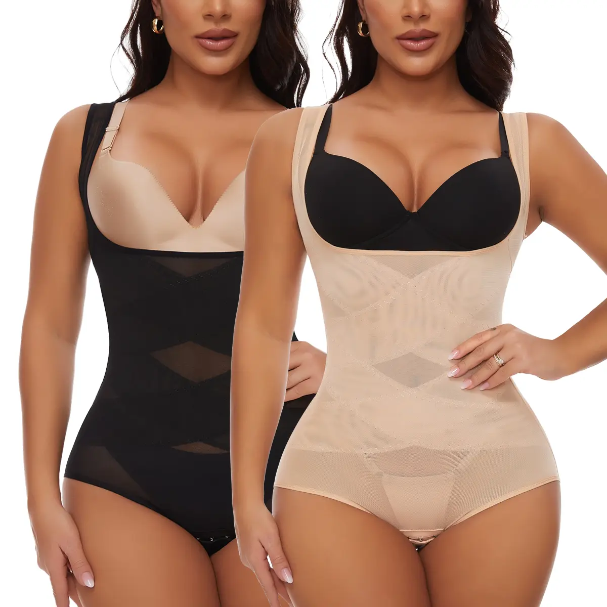 Women's Nylon Knit Solid Tummy Control Bodysuit - Fajas Waist Trainer, Butt Lifting Full Body Shaper, Contrast Mesh Breathable Spandex Fabric Shapewear for Daily Wear