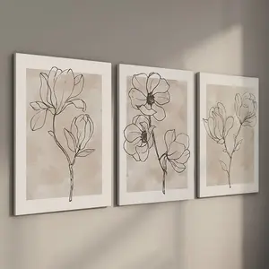 Set of 3 Stretched Canvas Wall Art, Artistic Modern Minimalist Botanical Floral Painting with Internal Wood Frame, Neutral Aesthetic Gallery Wrapped Posters, Ready to Hang Artwork for Living Room Bedroom Office Decor, Modern Home Decor