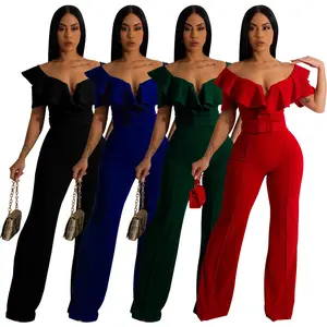 2025 Women's Summer Plus Size Women's V neck Sexy Ruffled Jumpsuit Solid Color High Waist Jumpsuit Womenswear Overalls Casual Elegant
