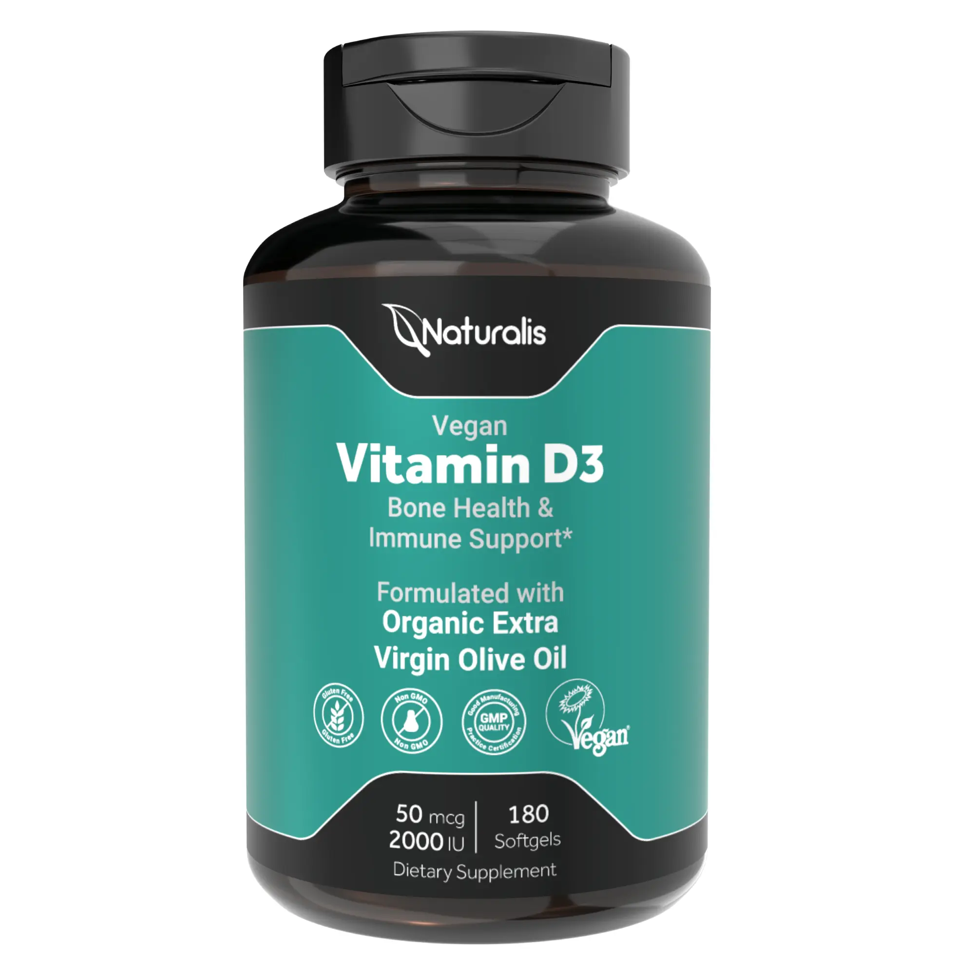 Naturalis Vegan Certified Vitamin D3 50mcg (2000IU) with AlgaeD3 | Vegan, Non-GMO, Soy & Gluten Free | Naturally Derived in New Zealand | Bone & Immune Support