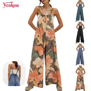 Yeokou Jumpsuit for Women Cotton Linen Wide Leg Adjustable Strap Floral Print Bohemian Overall One Piece with Pockets