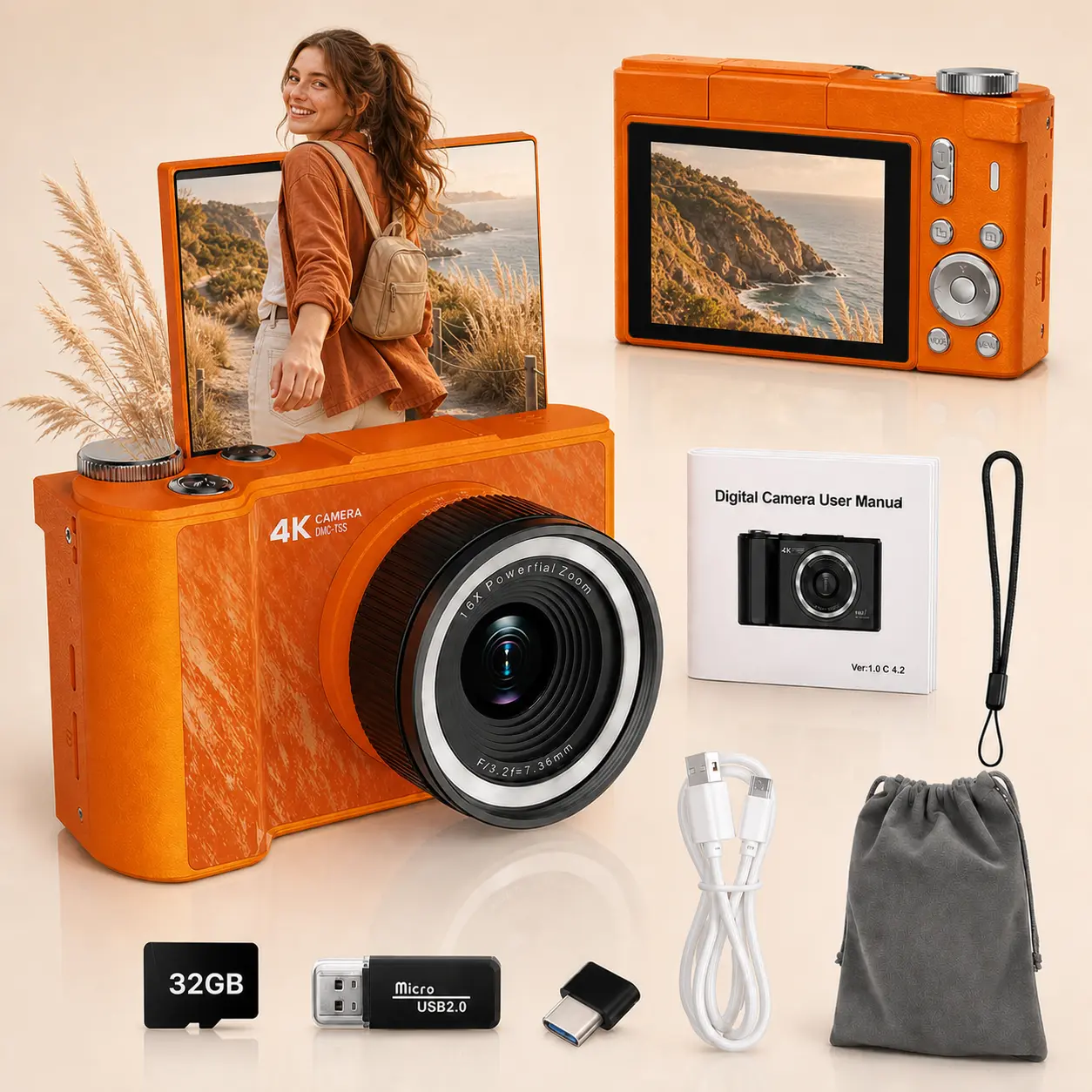 W&O 2026 Digital Camera for Photography, Vlogging Camera with Fill Light, 180° Flip Screen, 48MP 16X Digital Zoom, 32GB Card, Compact Point and Shoot Camera for Students, Women and Beginners, Ideal Gift