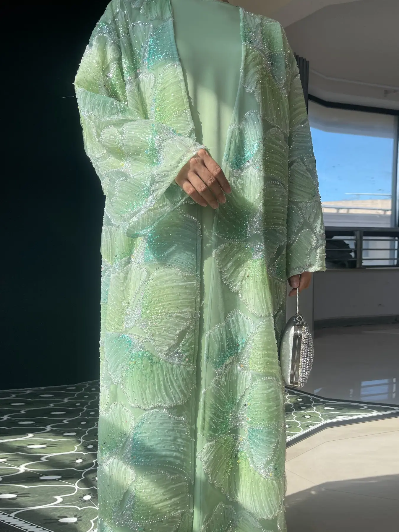 Women's 2-Piece Princess Style Luxurious Multicolor Beaded Set (open abaya + Inner Dress), Floral Embellished Abaya, Elegant Fashion, Perfect for Parties and Special Occasions