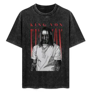 King Von T-Shirt Rapper Print Washed Cotton T-Shirt Men's Unique Rap Music Themed Streetwear Unisex Crew Neck Cotton Tee Gift For Hip Hop Fans