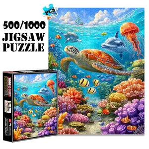1pc 1000 piece adult puzzle 70x50cm Under - the - Sea Scene with Turtle, Dolphins, Jellyfish and Corals 500 pieces of paper jigsaw puzzle, suitable for adults and families, large-scale DIY puz