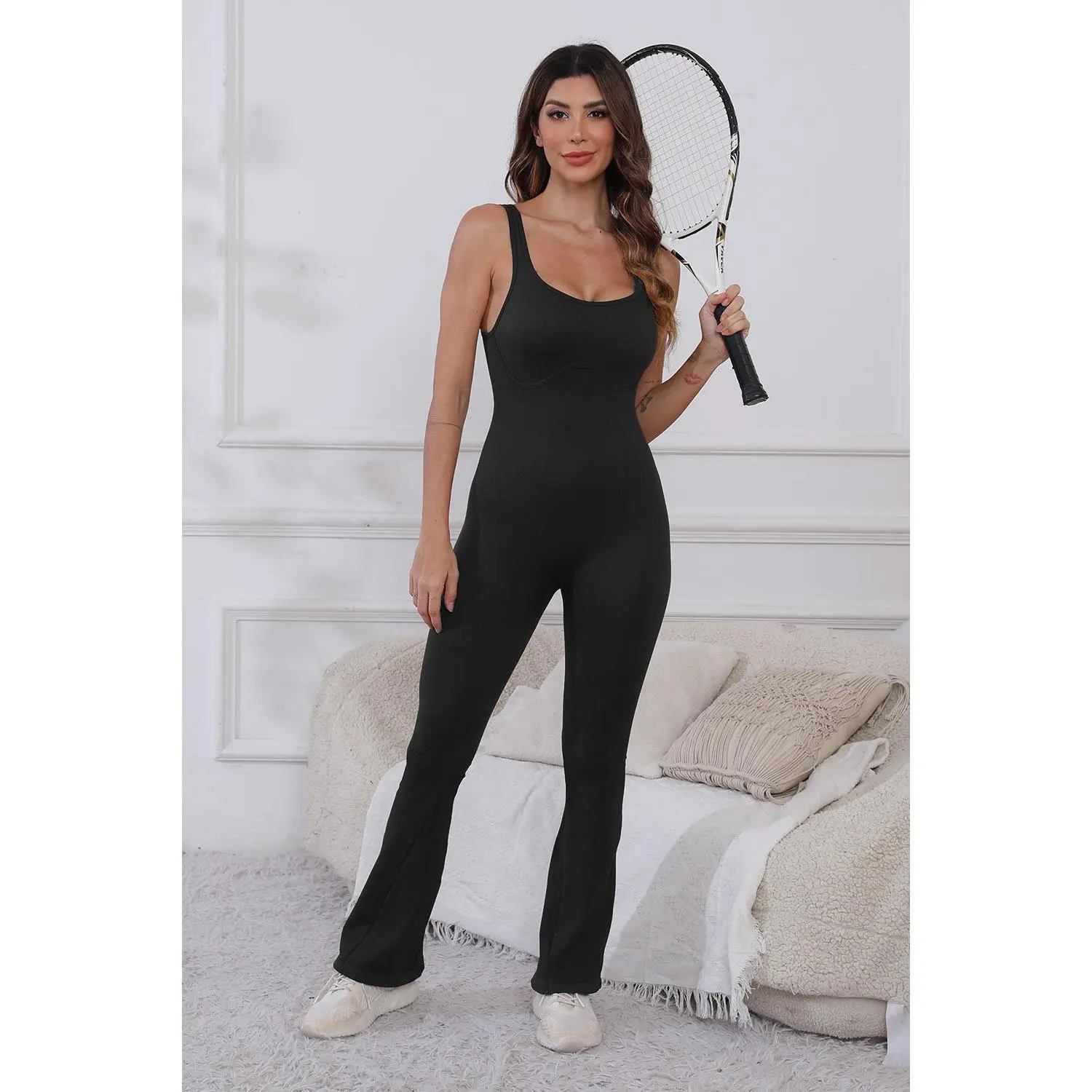 Scoop Neck Wide Strap Active Jumpsuit