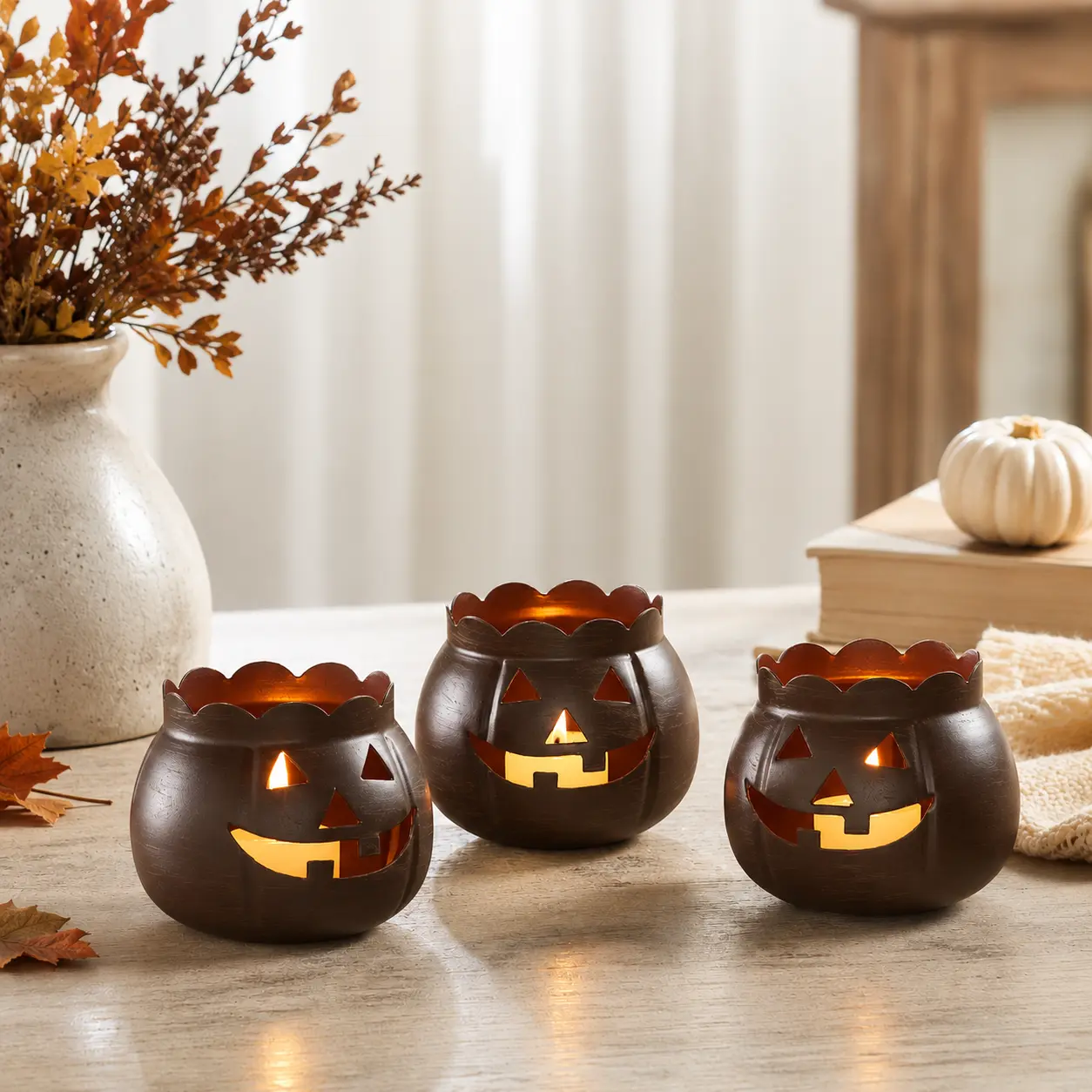 Halloween Bronze Jack-O'-Lantern Candle Holder 3.5"