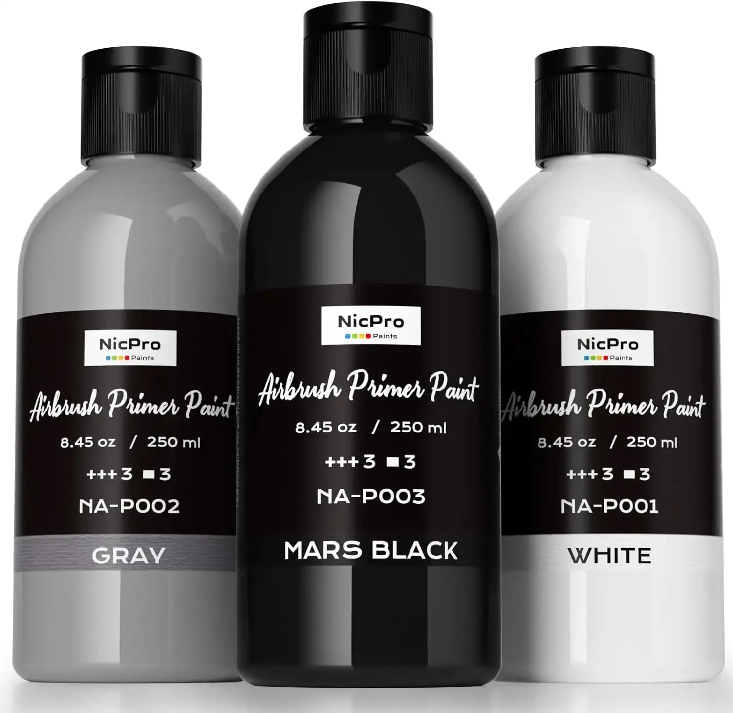 3-Colors Non-Toxic Water-Based Airbrush Primer Paint, 8.45 fl oz (250ml, Pack of 1) Matte Ready-to-Spray Acrylic Primer for Plastic Models, Miniature Figures, Easy to Clean, Suitable for Youth and Adults, Children 3 Years and Older