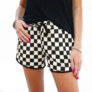 Women's Checkered Adjustable Drawstring Elastic Waist Casual Shorts 2025 with Pockets Fitted Wear Womenswear Bottom Style work pants women