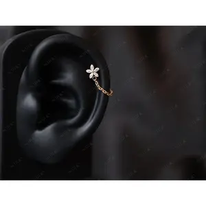18G Titanium Flower Cz Threadless Helix Chain Push Pin Stud, Cz Flat Back Stud, Cartilage Stud, Conch Chain Earring, Chain Stud Earring