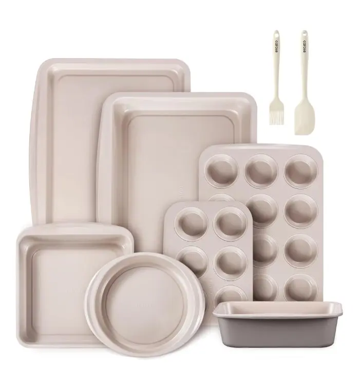 CAROTE 9-Piece Stackable Nonstick Bakeware Set, Includes Cookie Sheet, Muffin, Bread, Cake, Loaf & Roasting Pans, Gray & Khaki