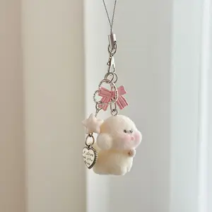 Cute Plush Bear Phone Charm & Keychain, Soft Faux Fur, Heart Bow and Expressive Eyes, and, Reliable Clip-On Decoration, Keychain Kawaii