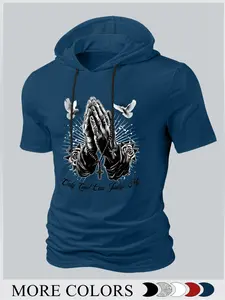 Men's Fitted Solid Color Hooded Knit Short Sleeve T-Shirt, Trendy Streetwear for Summer, American Style Casual Hoodie for Versatile