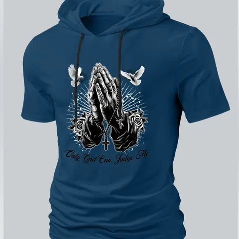 Men's Fitted Solid Color Breathable Hooded Knitted Fabric Short Sleeve T-Shirt, Trendy Streetwear for Summer, American Style Casual Hoodie for Versatile
