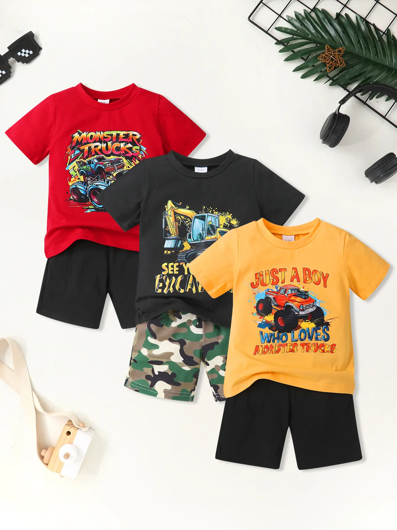 3-piece Soft, Breathable, Comfortable And Cute Little Boy Off-road Pickup Truck And Engineering Excavator Letter Printed T-shirt And 3-piece Sports Shorts Set