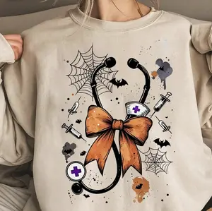 Halloween Stethoscope Bow Shirt, Retro Halloween Bow Nurse Sweater, Cute Nursing School Shirt, Funny Nurse Shirt, RN Student Gifts, Nursing Life Graphic Shirt