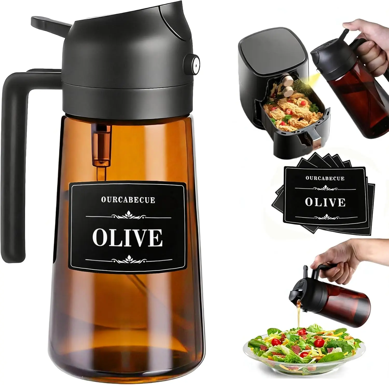 2 in 1 Dark Glass Oil Sprayer & Dispenser 16oz, Easy to Use Practical Kitchen Gadget, Ideal Gift for Cooking Lovers, Light-Blocking Fine Mist Oil Mister for Air Fryer, BBQ & Salad, Wide Mouth Easy Refill Reusable Oil Bottle with Oil Labels