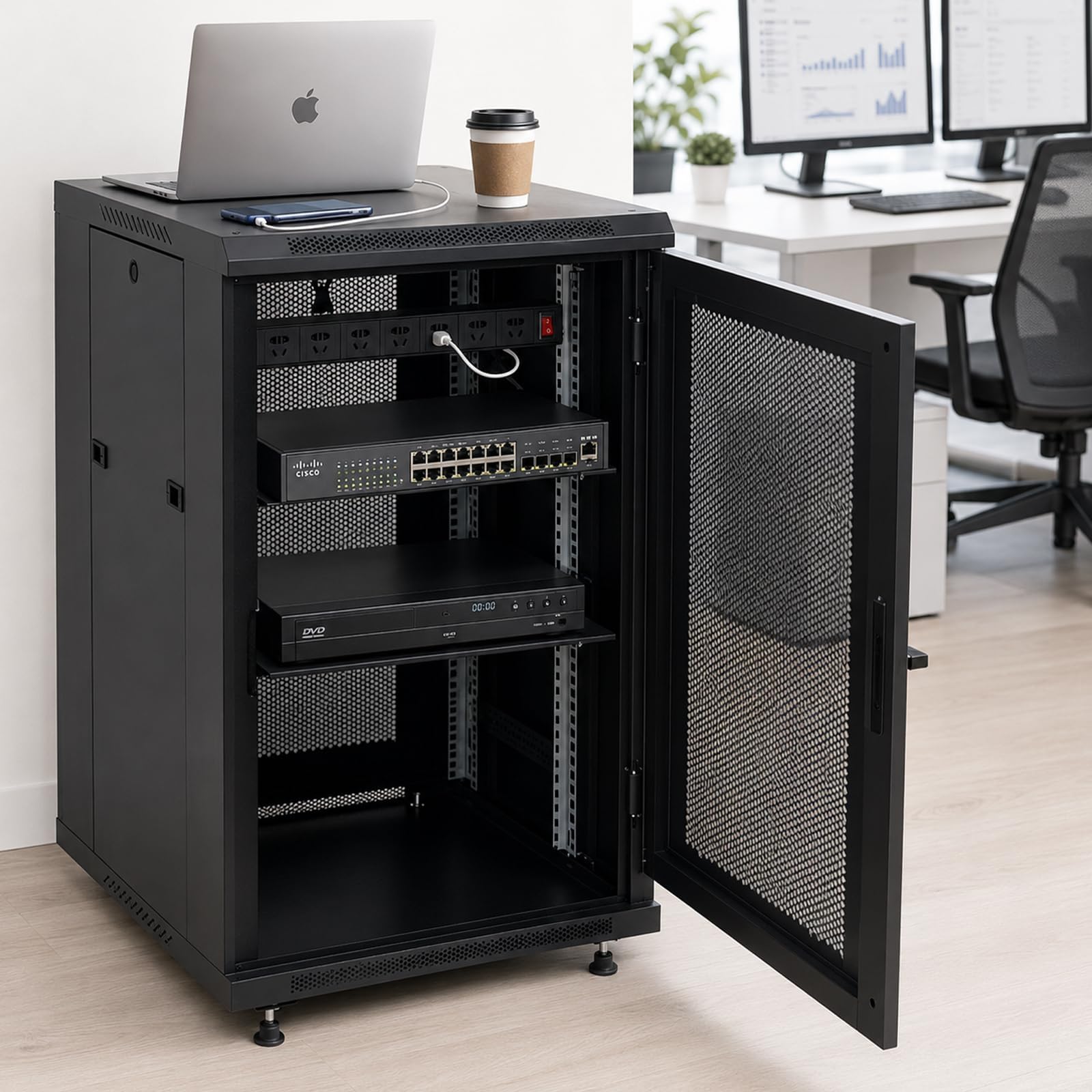 18U Server Rack Cabinet 19 Inch Enclosed Network Rack with Wheels  Server Rack Cabinet with Adjustable Rails, Lockable Mesh Door, Cable Management, Shelf and 992 Lbs Capacity