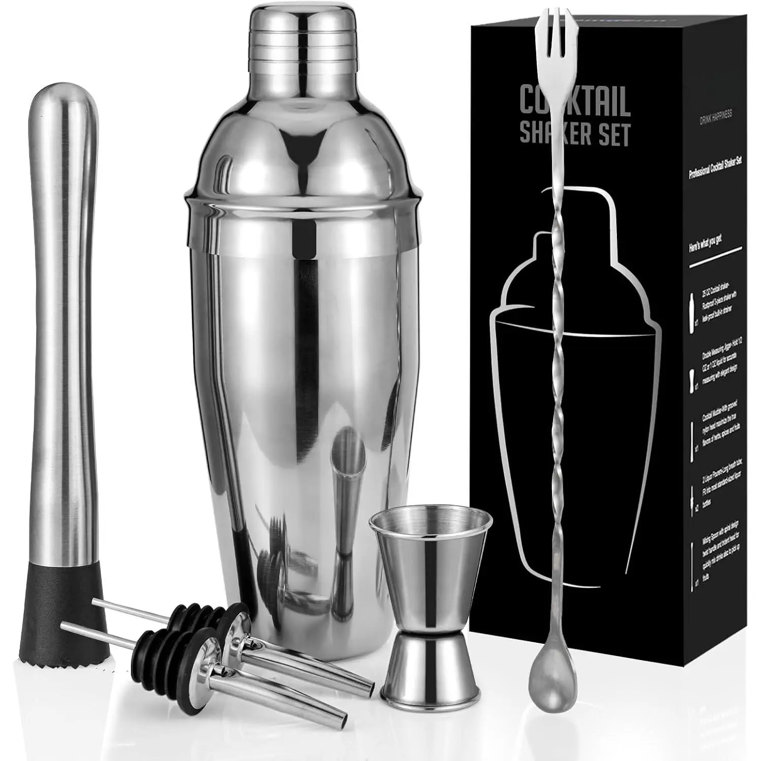Shaker Set, 6- 18/8 -Grade Stainless Steel Mixology Bartender Kit -  Bar Tools with Muddler, Jigger, Spoon & Pourers - Rust-Proof, Leak-Proof & Dishwasher Safe  for Men