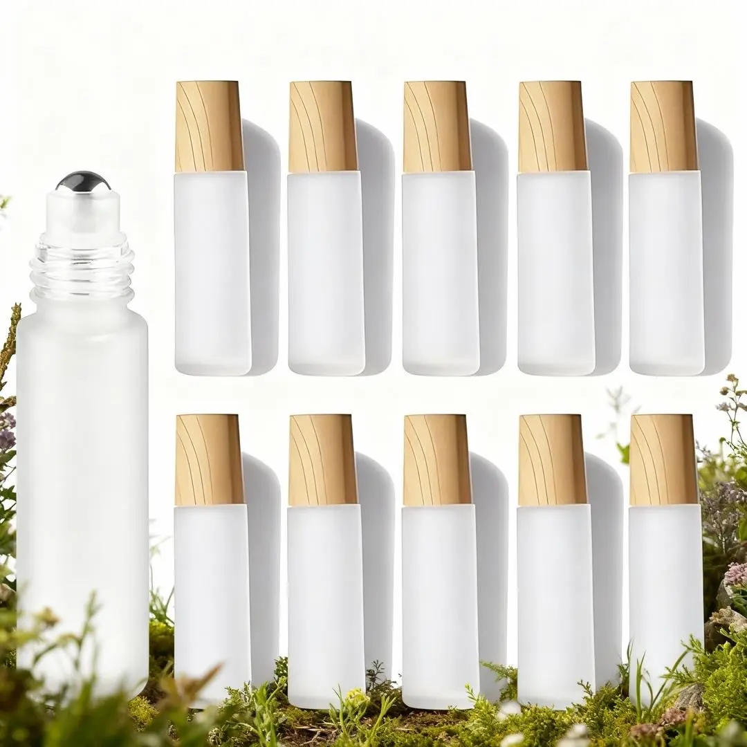 10 Pack Frosted Glass Roll-On Bottles 10ML Portable Essential Oil Travel Kit with Wooden Cap Film Reusable Containers for Aromatherapy Beauty Care Hair Care Cleaning