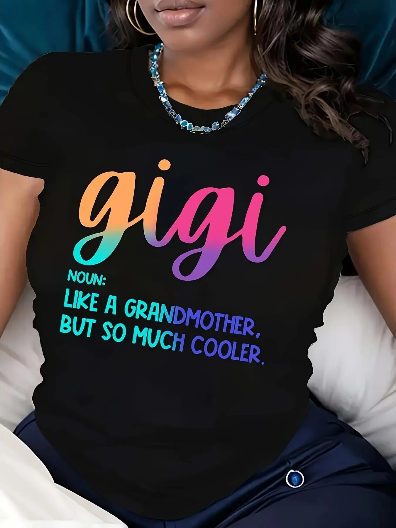 Casual Crew Neck T-Shirt with Gigi Alphabet Print, All Season Comfort Fit, Knit Fabric Tee,summerwins