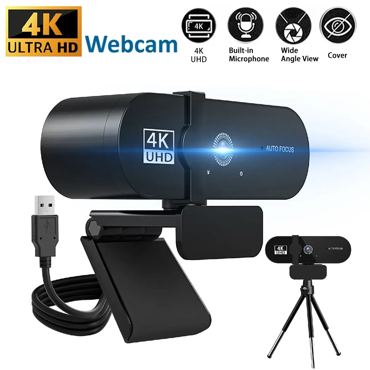 4K/1080P HD Webcam with Microphone, Wide Angle Lens & Auto Focus - Autofocus Streaming Camera with Privacy Cover, Rotatable Tripod Stand, Plug and Play for PC Laptop Video Conferencing, Zoom, YouTube Live