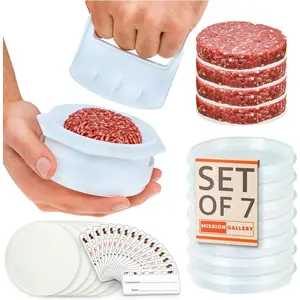 4 in1 Hamburger Press Patty Maker Burger Mold with 7 Storage Containers 100 Round Papers, BBQ Burger Shaper Tool for Meat Veggie Patties