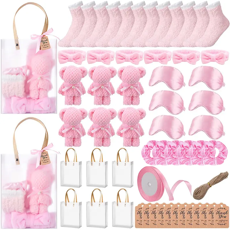 6 SET baby Shower Favors for Guests Spa Gift Set Towels, Socks Hair Bands Combs Eye Masks Cards, Shower Game Prizes, Guest Gifts for Gender Reveal Bridal, Wedding Shower Decor, Bridal Shower Gifts, Elegant Party Favors, Stylish Bridal Accessories