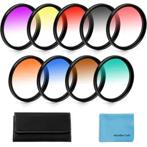 55mm Graduated Color Filters Kit 9 count Gradual Colour Lens Filter Kit Set Accessory for    Pentax Olympus Fuji DSLR Camera + Lens Filter Pouch +Lens Cleaning Cloth