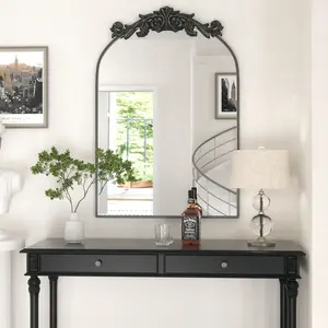 Vintage Top Carving Arched Wall Mirror with Ornate Design for Elegant Home Decor
