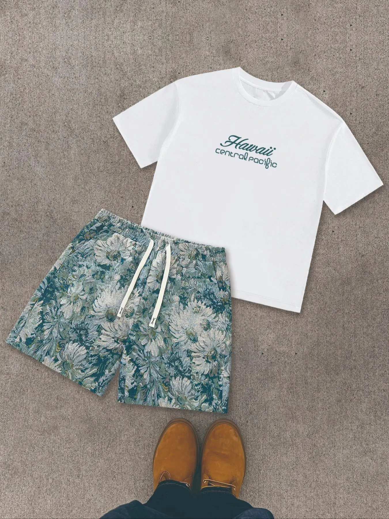 Two-Piece Set Men's Letter Print Tee & Floral Print Shorts, Regular Fit Round Neck Short Sleeve T-shirt & Drawstring Waist Shorts, Casual Fashion Breathable Men Two-piece for All Seasons Casual Matching Set Tropical Menswear Summer Outfit Set Clothing