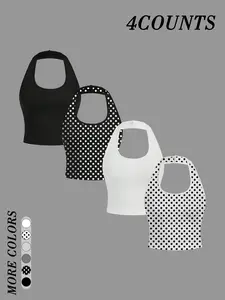 4 Pcs Women's Halter Neck Short Sleeve Backless Top, Slim Fit Solid Color Y2K Style, Elastic Casual Layering Vest for Streetwear & Summer