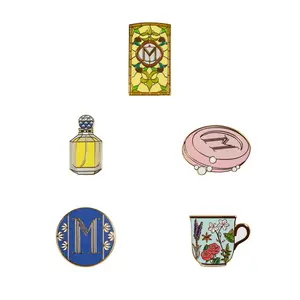 Merz Apothecary 150th Anniversary Enamel Pin Bundle 5 Piece Set Featuring Stained Glass Door & Perfume Bottle Designs