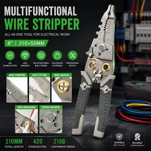 8-in-1 Multi-Function Wire Stripper, Heavy Duty Electrician Pliers with Wire Stripping, Cutting, Crimping, Winding, Branching, Bolt Cutter, Comfort Anti-Slip Handle, for Electrical Repair & DIY Projects