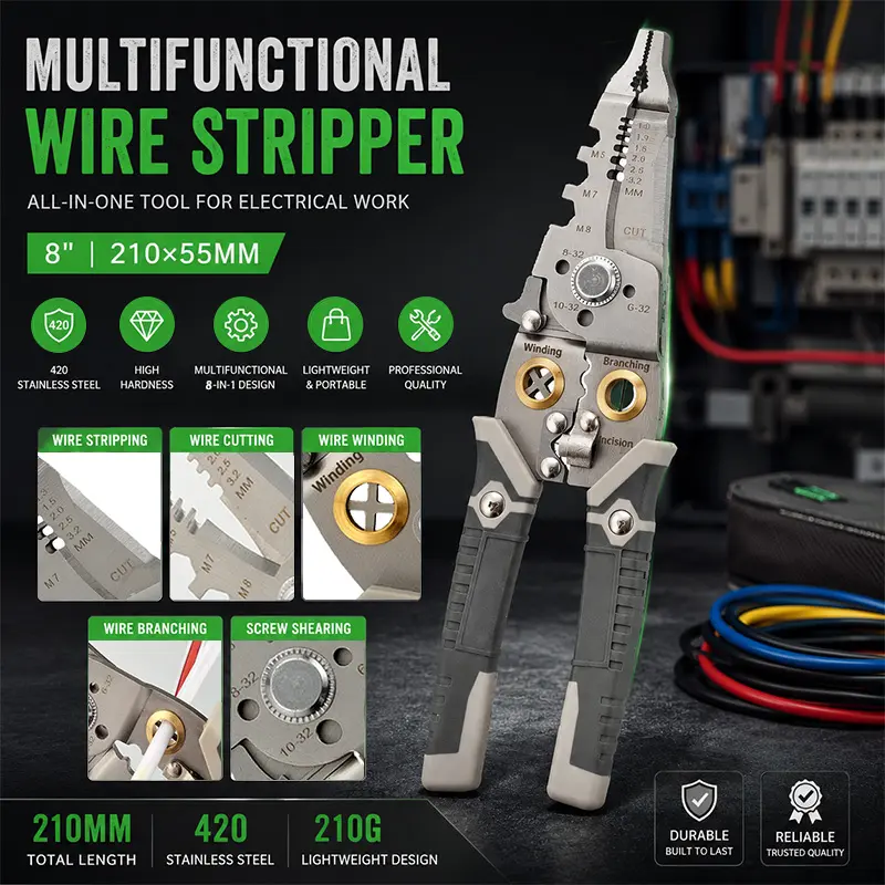 8-in-1 Multi-Function Wire Stripper, Heavy Duty Electrician Pliers with Wire Stripping, Cutting, Crimping, Winding, Branching, Bolt Cutter, Comfort Anti-Slip Handle, for Electrical Repair & DIY Projects