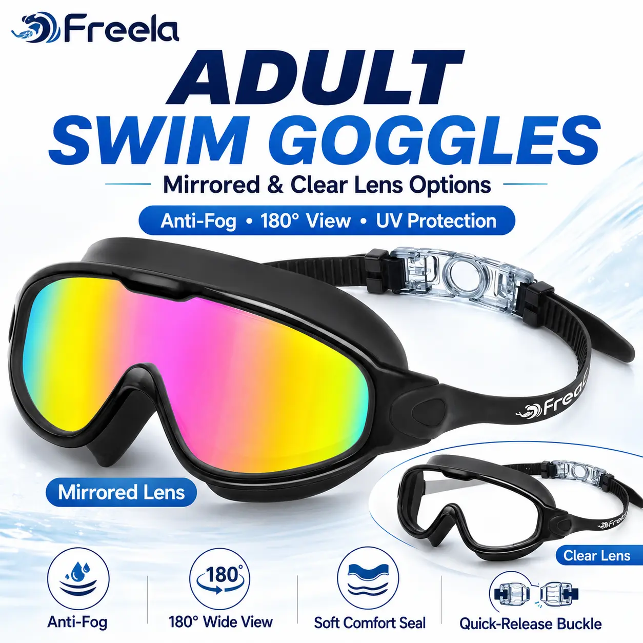 Freela 2 Pack Swim Goggles for Adults, Anti-Fog UV Protection No Leak 180° Wide View Swimming Goggles for Men Women, Pool Beach Outdoor Swimming