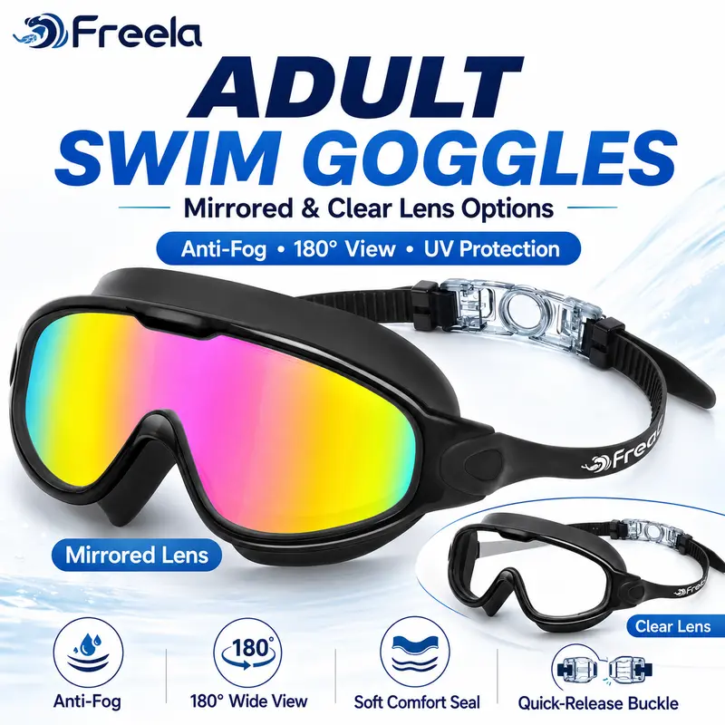 Freela 2 Pack Swim Goggles for Adults, Anti-Fog UV Protection No Leak 180° Wide View Swimming Goggles for Men Women, Pool Beach Outdoor Swimming
