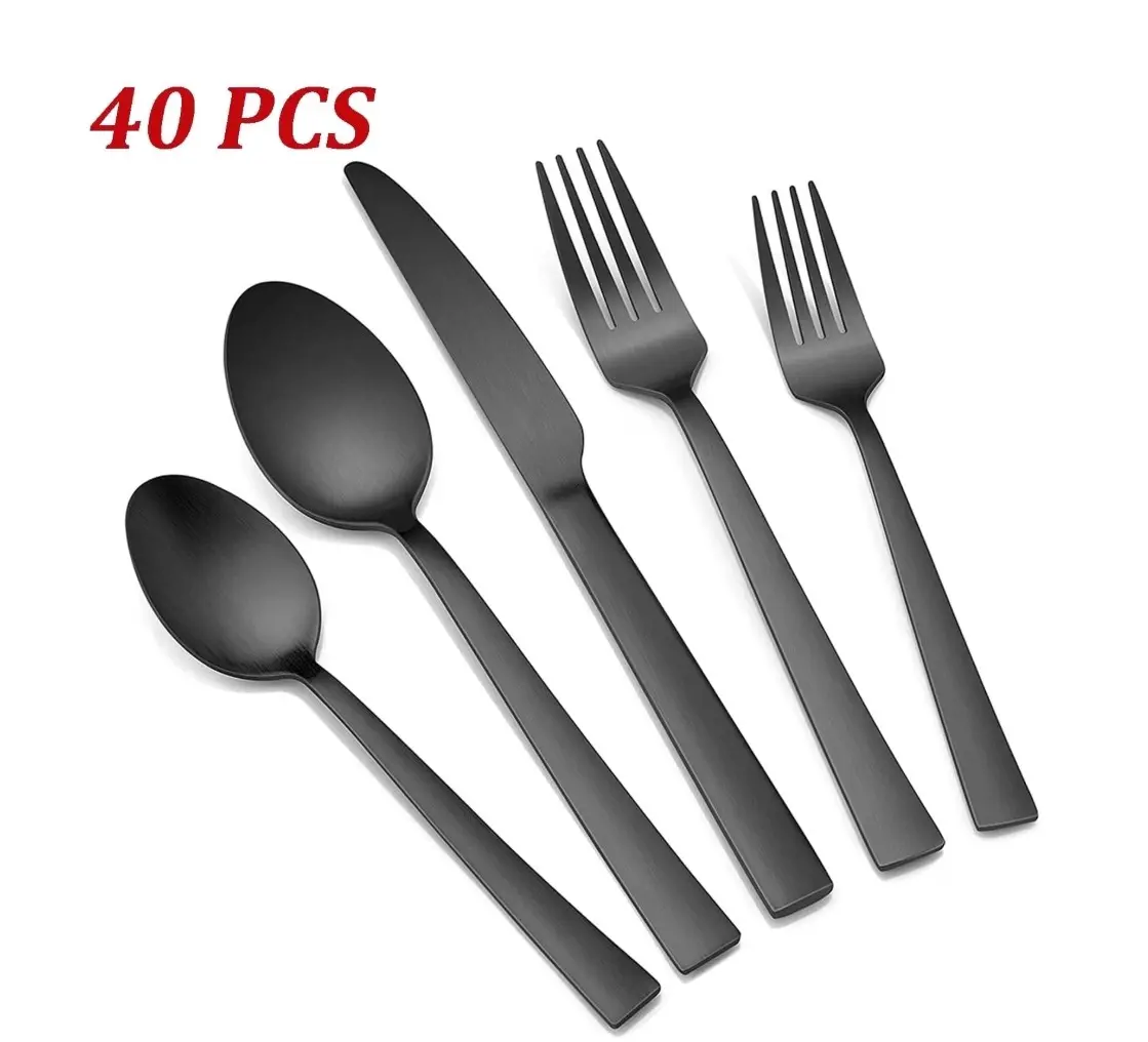 40-Piece Matte Black Silverware Set, Stainless Steel Flatware Set Service for 8, Metal Cutlery Eating Utensils Tableware Includes Forks/Spoons/Knives, Square Edge & Dishwasher Safe