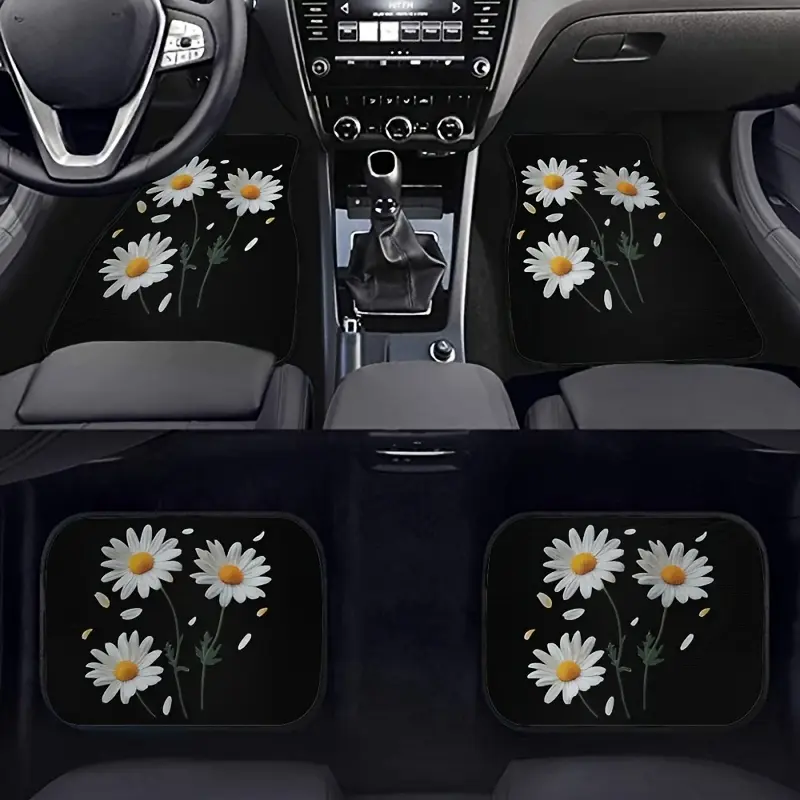4‑Piece Universal Car Floor Mats, White Daisy Floral Print Auto Floor Carpets, Waterproof Anti‑Slip All‑Weather Car Foot Pads for Most Sedan SUV Truck, Cute Minimalist Car Interior Decor Accessories for Women