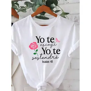 [Festival-Oriented]Valentine'S Day Spanish "Yo Te Escogí Yo Te Sostené IsaíAs 41" Text Print Women'S Round Neck Spring And Summer Short-Sleeved T-Shirt, Casual Shopping Festival Gift, Friend Gathering Wear