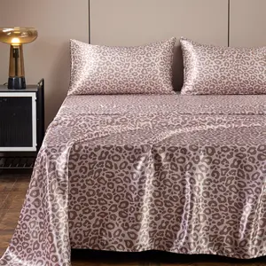 Luxury Satin Sheet Set Leopard Pattern Silky Bed Sheet Ultra Soft Wrinkle Free 4 Piece Set Twin Size Hypoallergenic Breathable Deep Pocket