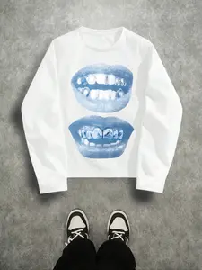 Men's Long Sleeve T-Shirt, Slim Fit Mouth Pattern, Casual Home Wear, Fashionable Daily Street Style, Perfect Gift Choice
