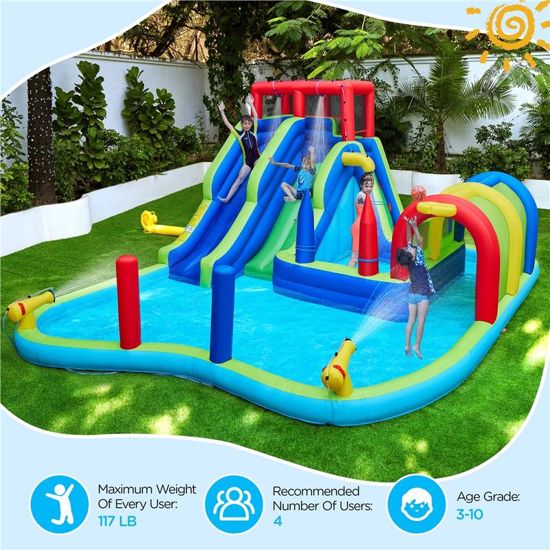 Yaheetech Inflatable Water Slide, Double Lane Water Slide, Combo W/ Storage Bag & 650W Blower, 2 Slides & 2 Pools & 2 Water Cannons & Tunnel & Basketball Hoop & Climbing Wall & Punching Bags & Ring Toss Game, For Kids Aged 3 To 10