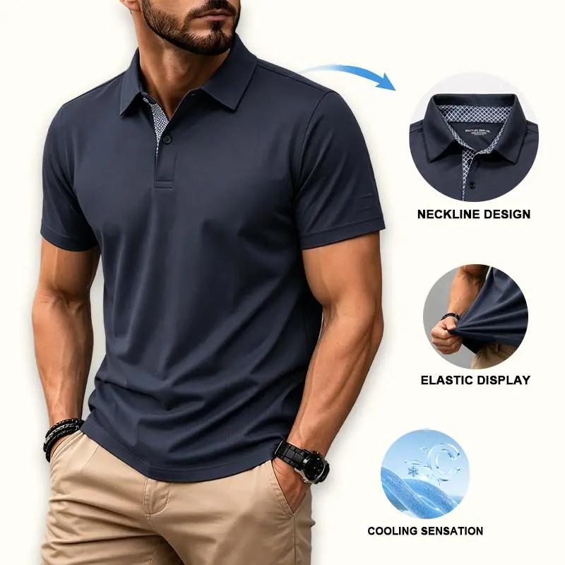 Clean Gent men’s solid-color summer polo shirt with printed design at the collar, breathable, soft, and comfortable—fashionable everyday wear for men.