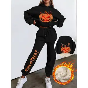 Halloween Pumpkin Print 2-Pack Casual Women's Hoodie & Sweatpants Set with Ribbed Cuffs & Drawstring Suits in Apricot Basic Fitted Long Sleeve Minimalist Style Adjustable Bottom Everyday Clothes Matching Outfit